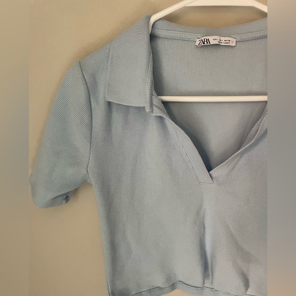 Zara Powder Blue Cropped Collared Top Size Large - Picture 3 of 6